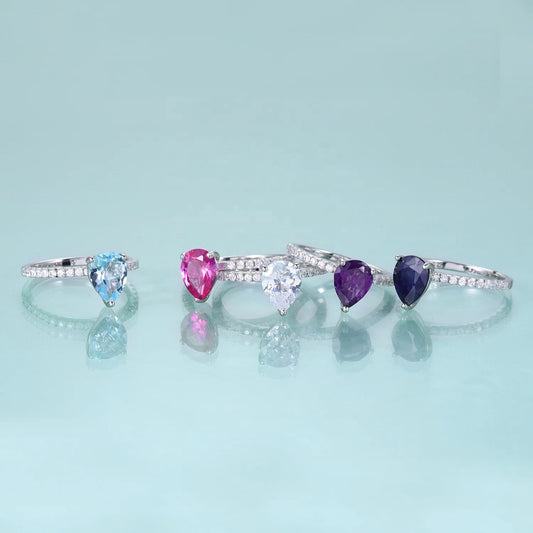 Gemfiori KH067 Abiding Manufacturers Direct Sale 925 Sterling Silver Pear 8*12MM Sky Blue Nano Morganite Rainbow Quartz Solitaire Ring