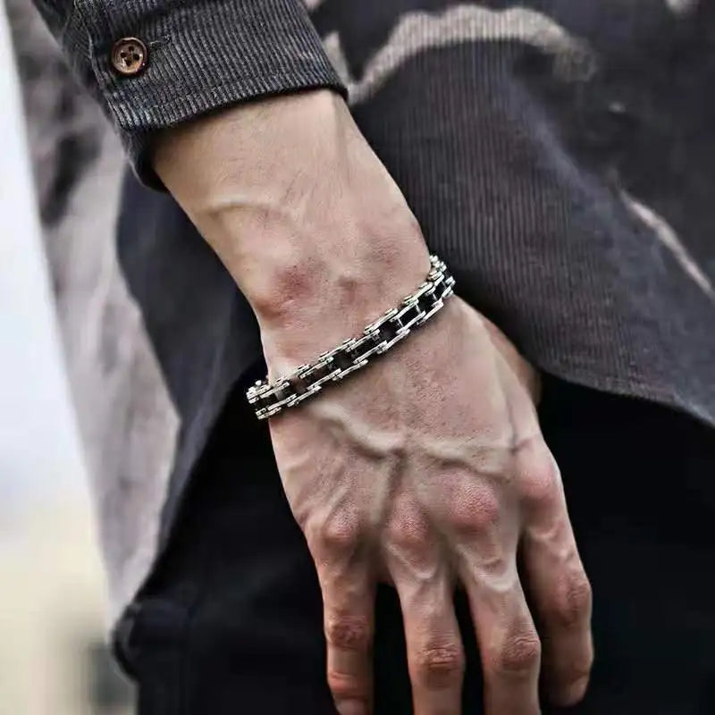 REBEL S925 Sterling Silver Motorcycle Chain Bracelet for Men Thick Domineering Bamboo-chain Bangle Fashion Jewelry