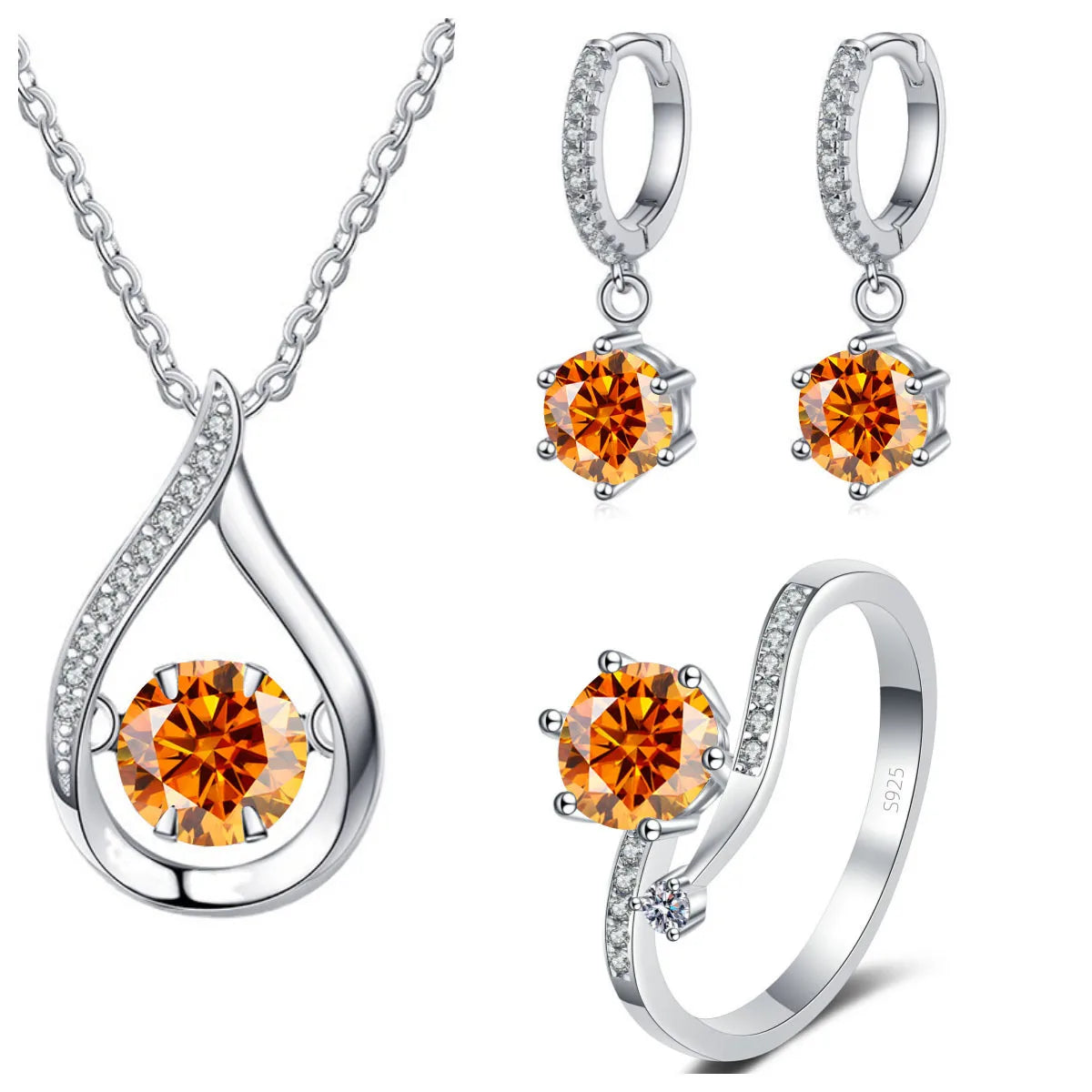 ArtistA SPECIAL001Simple and Elegant Round Cut 1CT VVS GRA Multi Colored Moissanite Jewelry Set 925 Silver Water Drop Necklace Earrings Ring Set