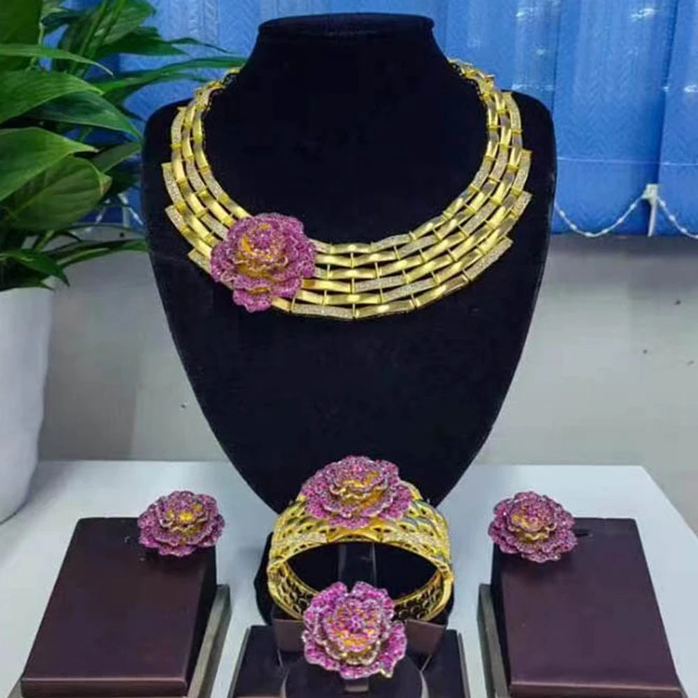 Zhuerrui Luxury Cubic Zirconia Jewelry Set American Diamond Flowers Jewelry Sets Necklace Bracelet Earrings Ring Jewellery Sets