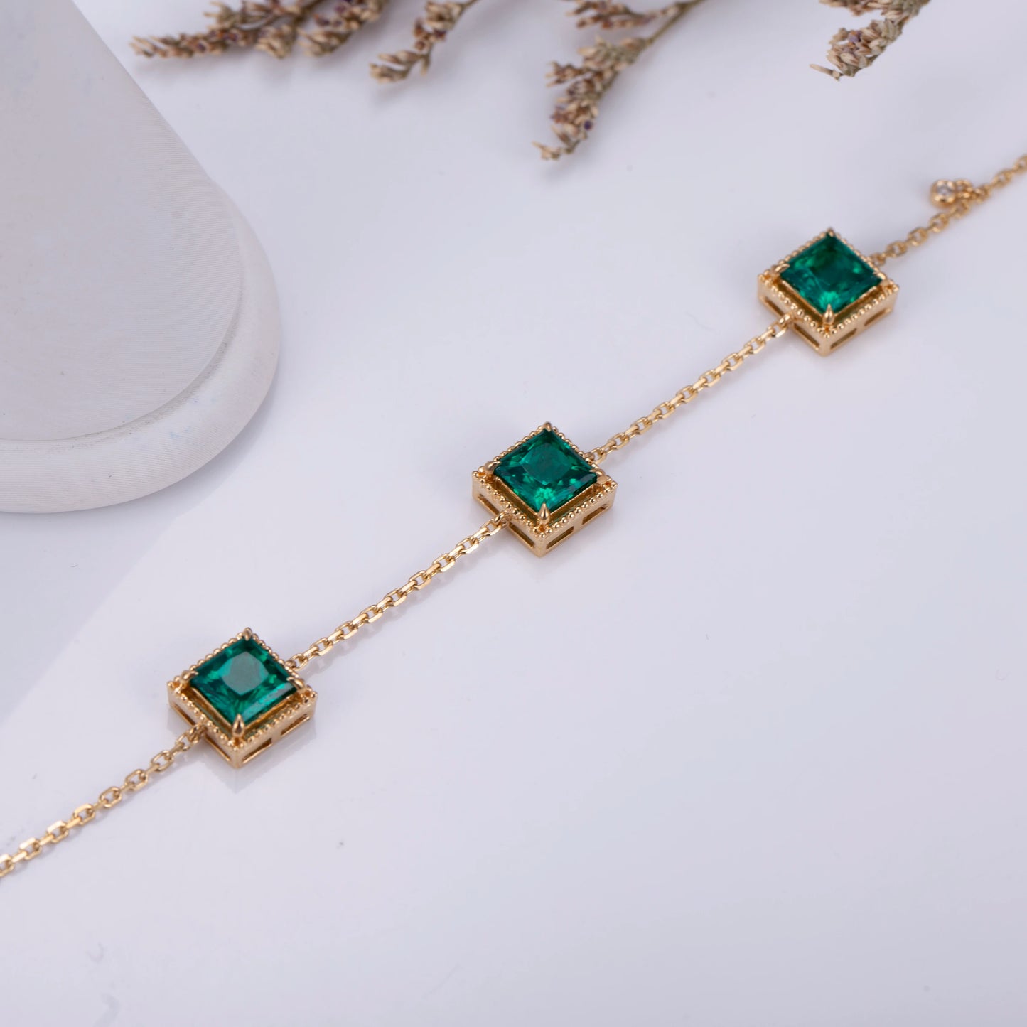 Messi Jewelry  MSB-550 18K Yellow Gold Lab Emerald Bracelets for Women