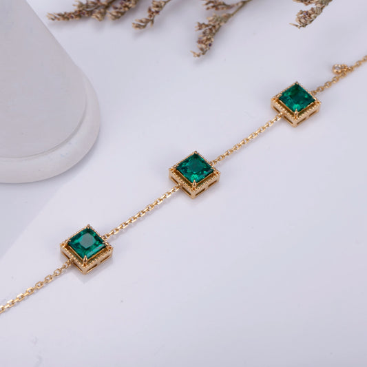 Messi Jewelry  MSB-550 18K Yellow Gold Lab Emerald Bracelets for Women
