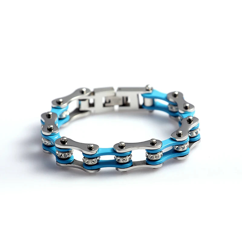 REBEL Motorcycle Chain Ladies Bling Bracelet Silver & Light Blue Color Link Chain 316 Stainless Steel Bicycle Biker Bracelet