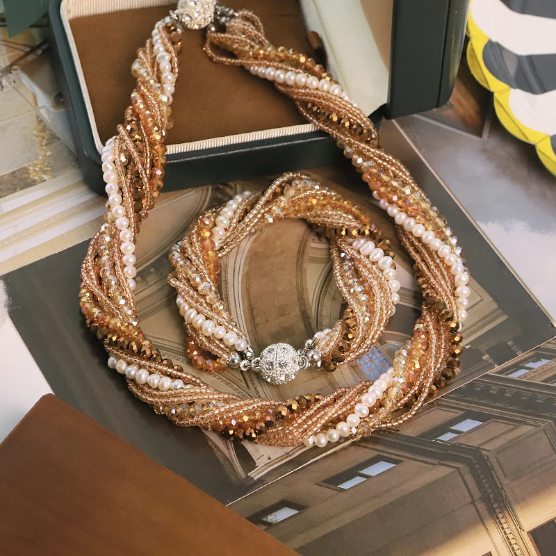 Natural Freshwater Pearl Khaki Glass Bead Jewelry Set for Women Wedding Banquet Party Dainty Pearl Jewelry Set Luxury Jewelry