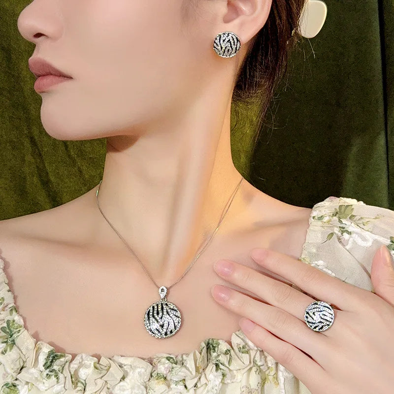 REDheart Fashion Brass Inlaid Zircon Open Ring Full of Drill Dripping Oil Flower Shape 18K Gold Plated Advanced Pendant Necklace Set