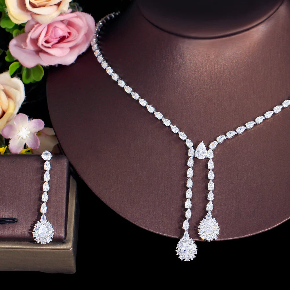 Luxury Bling Cubic Zirconia Crystal Bridal Bridesmaid Jewelry Set for Wedding Drop Earrings and Necklace Jewelry Accessories