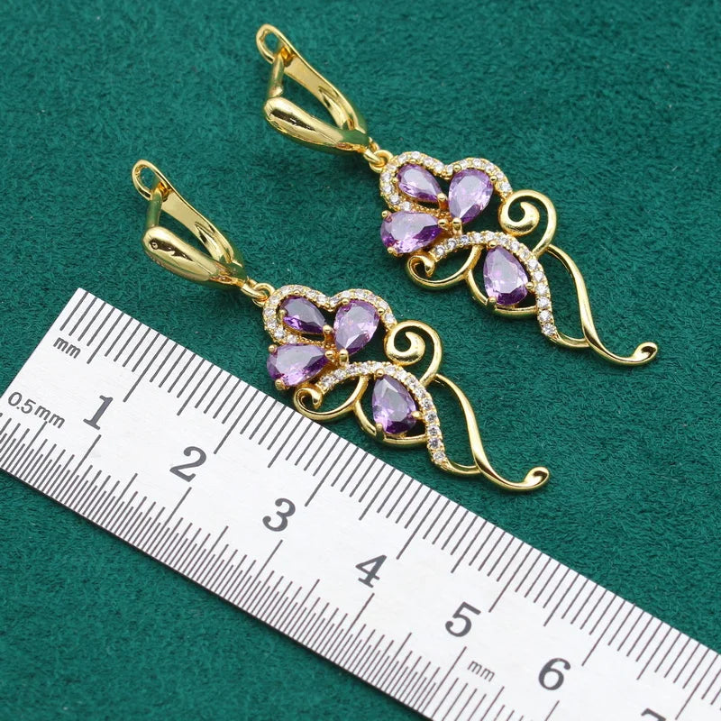 XOTICA Luxurious Purple Zircon Gold Wedding Set for Women Including Bracelet Earrings Necklace Pendant Ring-for Parties Holidays