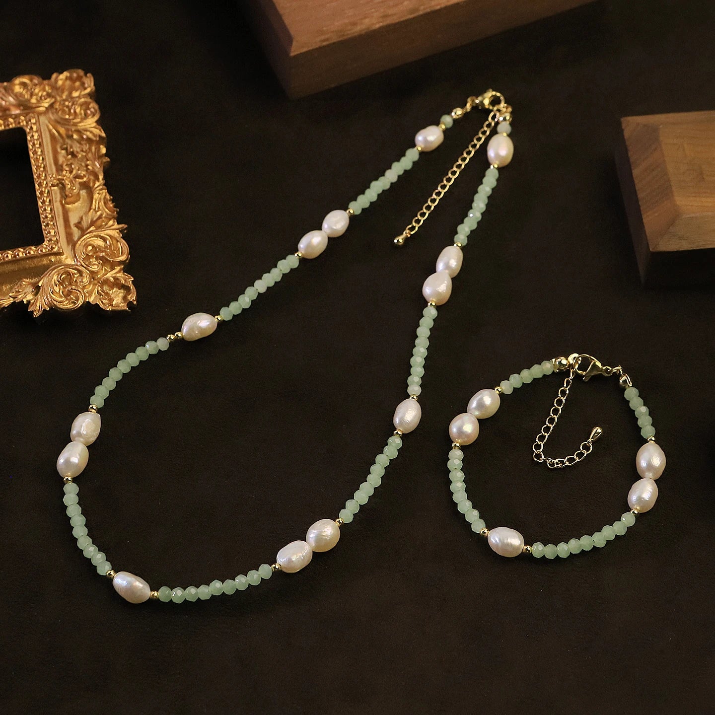 GLSEEVO Natural Freshwater Baroque Pearl & Mint Crystal Beaded Necklace & Bracelet Set — Dainty Office Jewellery