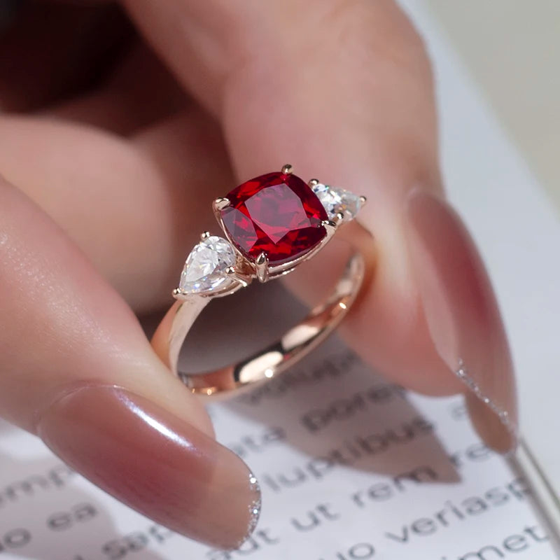 Messi Jewelry  MSR-1188 Custom 18K Rose Gold Lab Ruby Three Stone Wedding Ring for Women