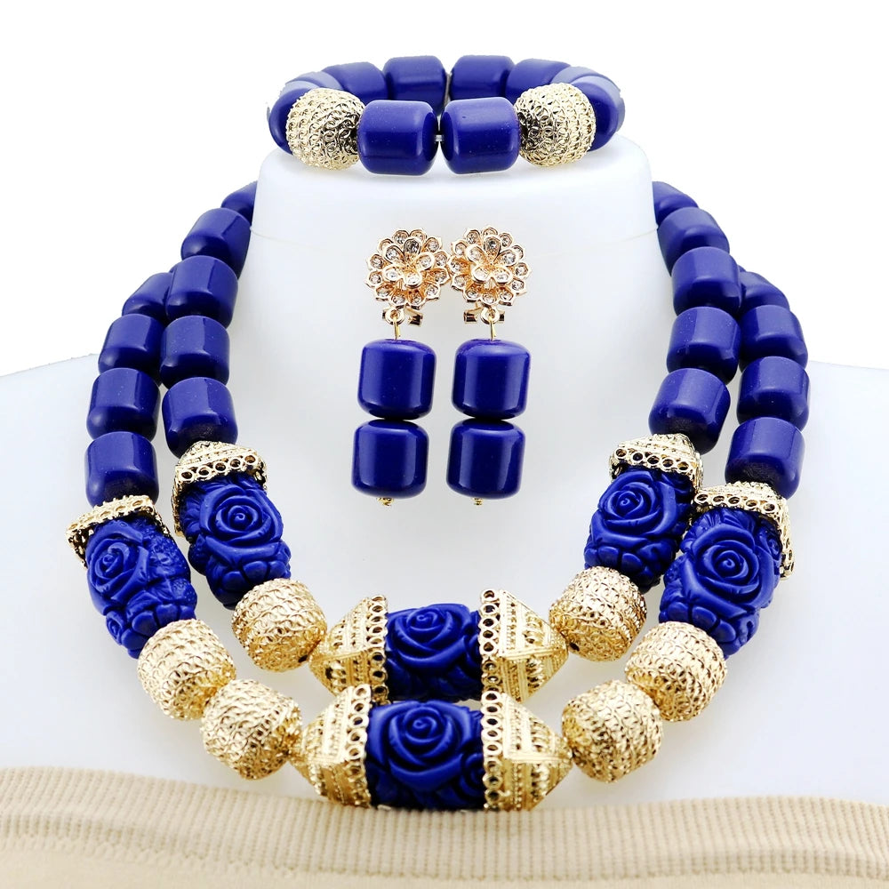 Zhuerrui Luxury Red Rose Carved Beaded Jewelry Set Nigerian Bridal Coral Necklace Earrings Set for Wedding Party YL1016