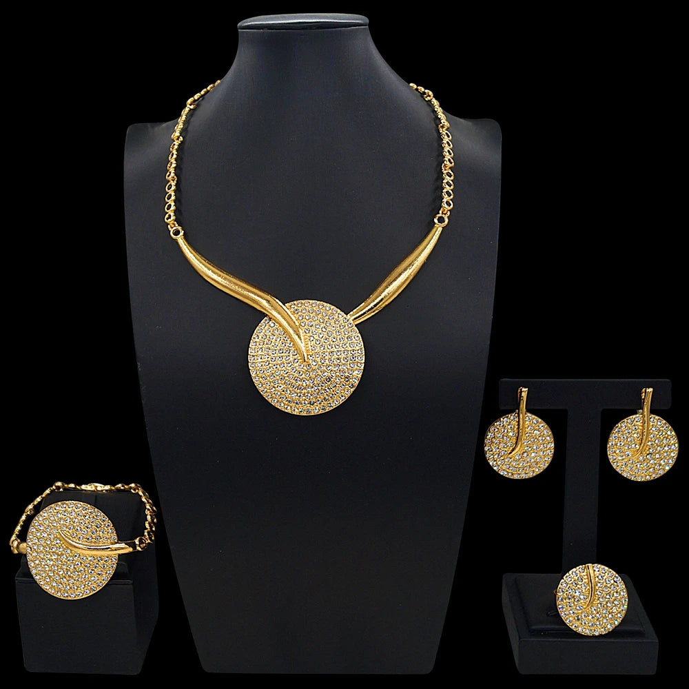 Zhuerrui Gold Plated Jewelry Set for Women Rhinestone Embellished Circular Necklace Earrings Bracelet Ring Party Gift HB01914