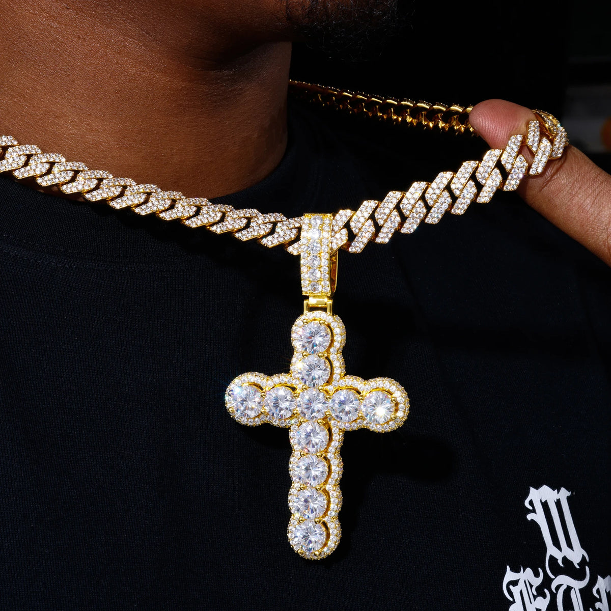 REBEL Luxury Christian Jewelry Hip Hop Cuban Link Chain Gold Plated AAAAA CZ Diamond Iced Out Halo Cross Pendant for Men Women