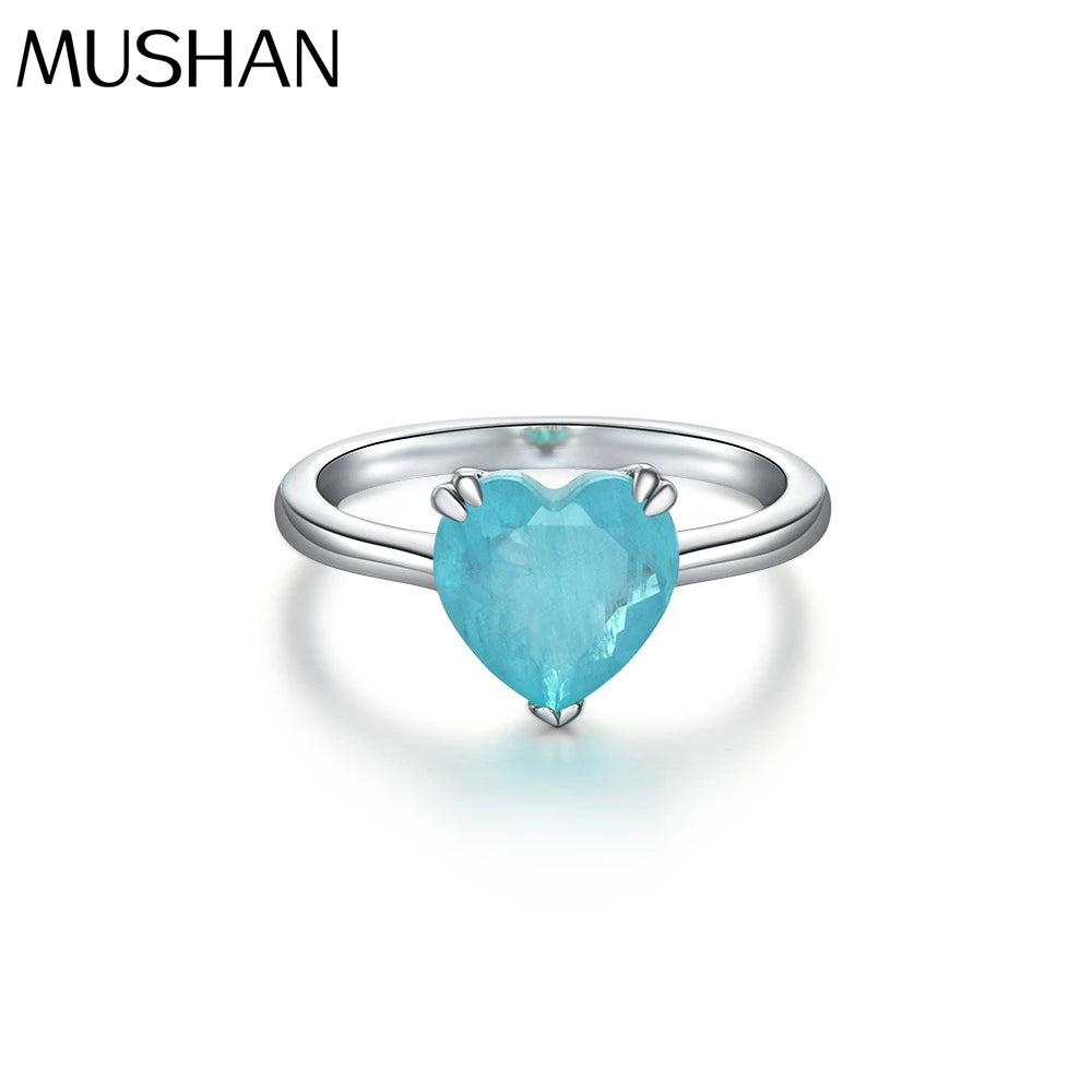 MuShan Jewelry Factory 925 Silver Synthetic Paraiba Ring Fashionable and Simple 4ct Heart Shaped 10*10 Ring for Women