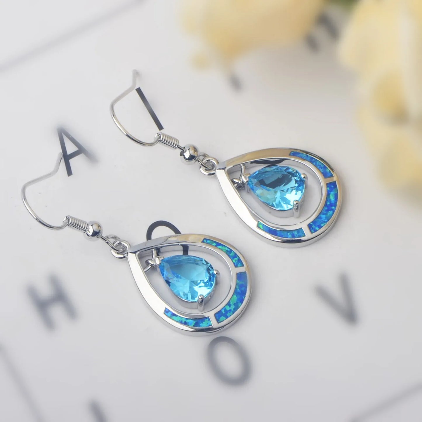 Gilded Teardrop Opal Drop Earrings - Iridescent Multi-Color Opal Inlaid | Retro-Chic Jewelry Bulk Gifts
