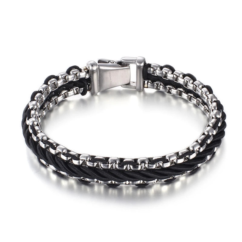 KALEN Silver Color Stainless Steel Bangle Leather Men Bracelet