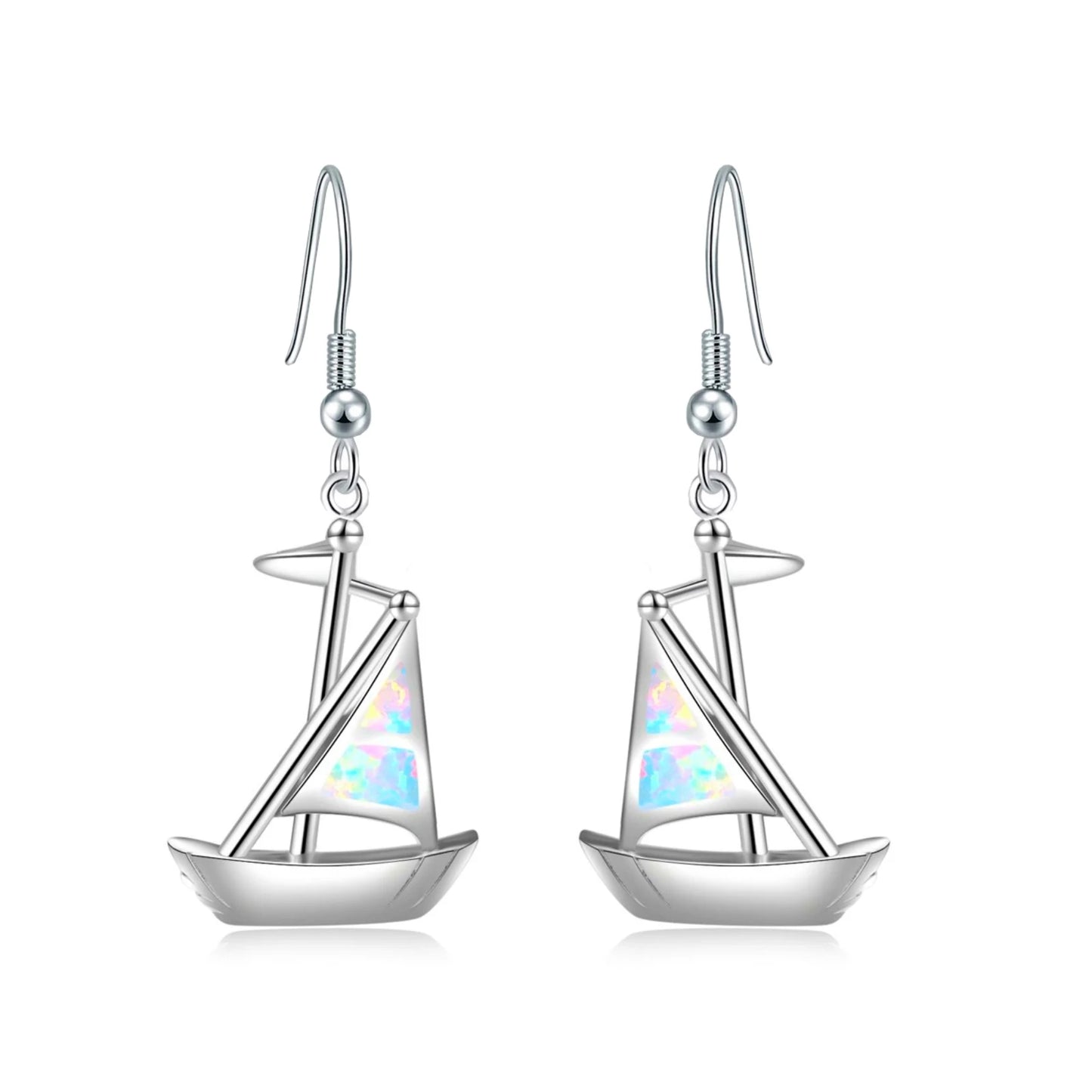 Nautical Sailboat Opal Drop Earrings - Blue Fire Opal Sail & Sleek Yacht Design | Beach-Chic Daily Jewelry Bulk Gifts