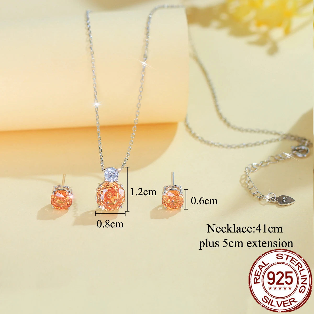 S&S 925 Sterling Silver Champagne Rose-Cut CZ Fine Jewellery Set – Necklace & Earrings – Collection