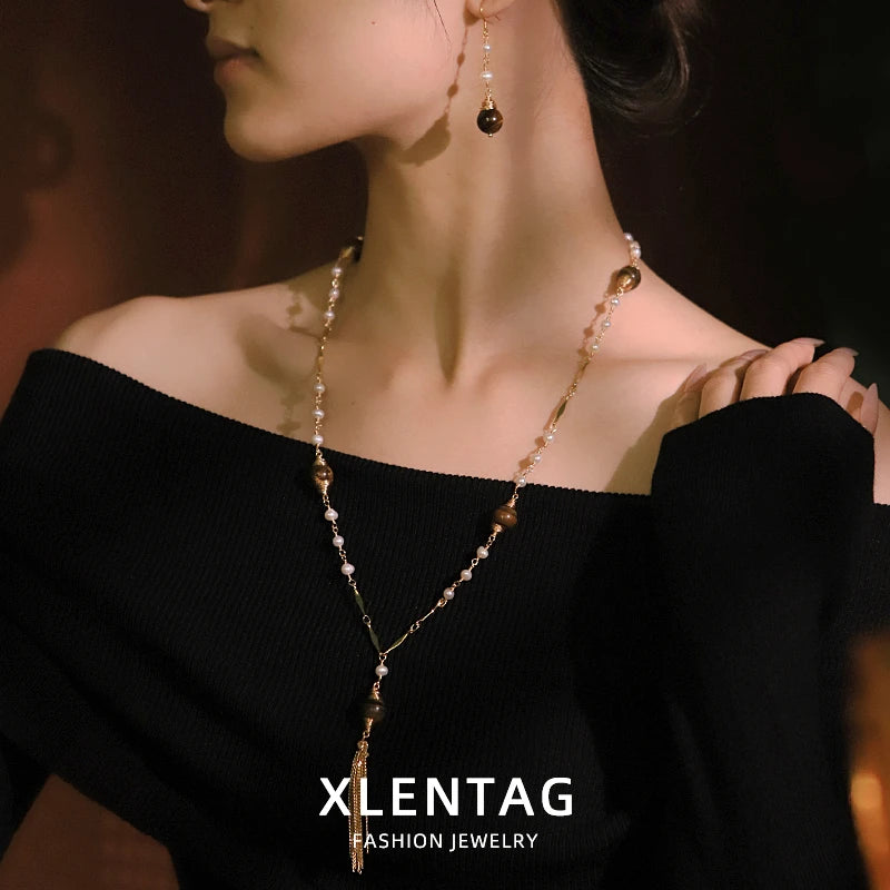 Natural Freshwater Pearl Tiger Eye Stone Earrings Necklace Set Luxurious Design Set Gift Wedding Banquet GS0216