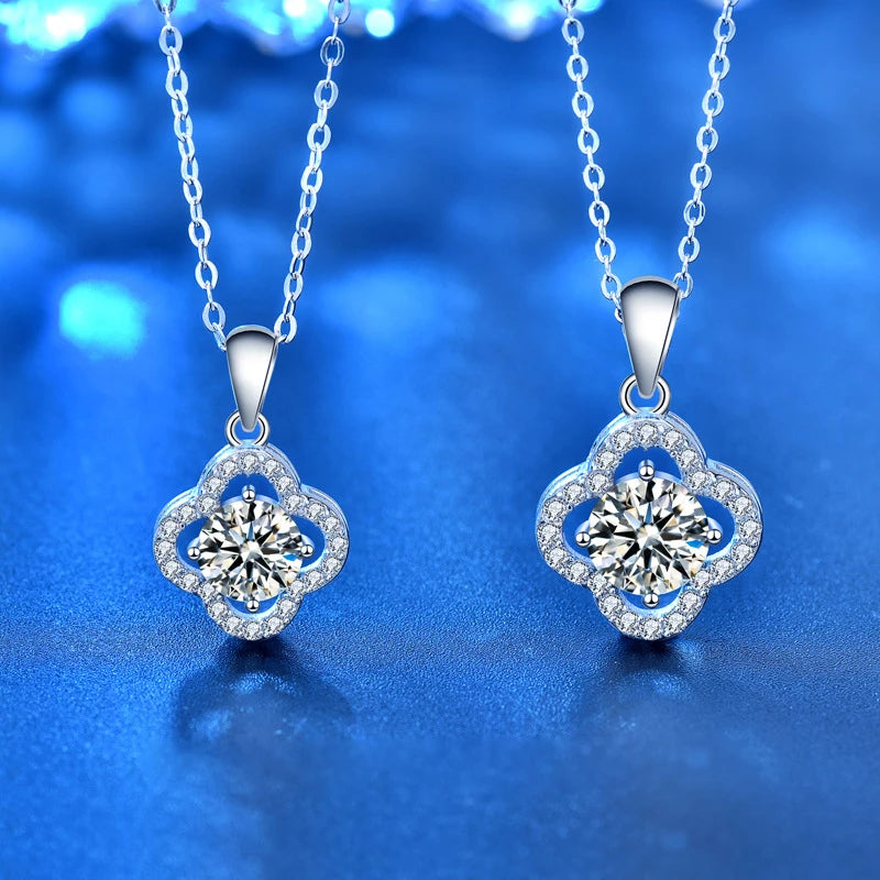 Blingbling VVS D 1ct 2ct 3ct Moissanite Stones 925 Sterling Silver Four Leaf Clover Necklaces