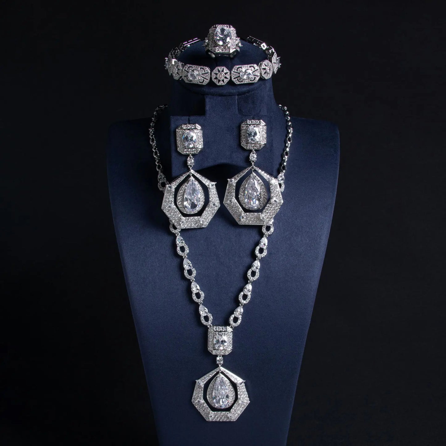 Luxury Round Brilliant-Cut Zirconia 4-Piece Gulf Bridal Set — Necklace, Bracelet, Earrings & Ring — Rhodium & Gold Plated