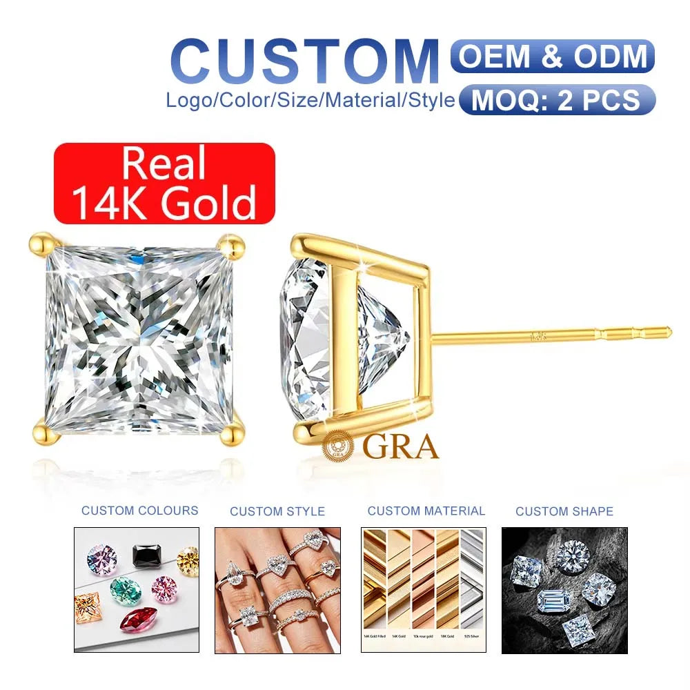 Gioiellieri Fine Jewellery Engagement Gift Woman Hollow 14K Gold 1ct 2ct 3ct Princess Cut Moissanite Stud Earrings