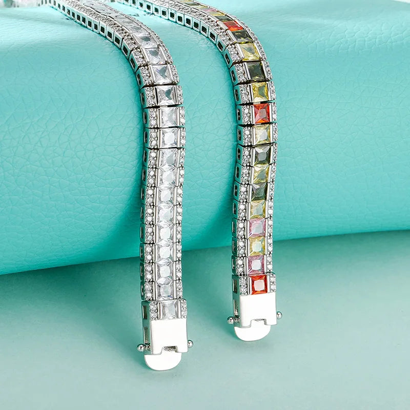 BOCAI S925 Sterling Silver Bracelets for Women Men 9mm Byzantine Chain Inlay Sandwich Colorful Zircon Bangle Jewelry Wholesale
