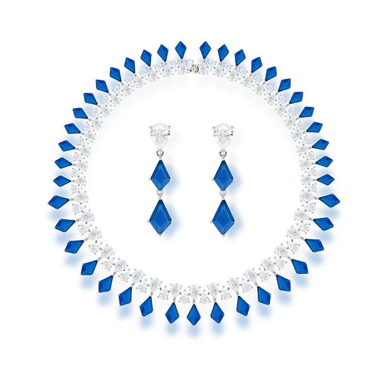 Modern Rhombus Red and Sapphire Necklace Earrings Gold-plated Women's Jewelry Wholesale Wedding Anniversary Holiday Set