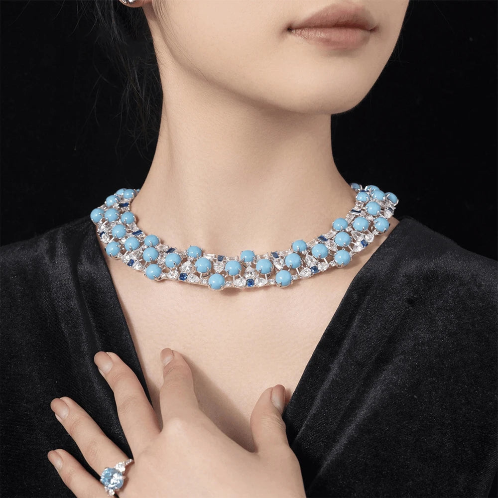 MuShan Jewelry Factory Blue Turquoise Necklace for Women 925 Sterling Silver Gold Plated High Carbon Diamond Necklace Jewelry