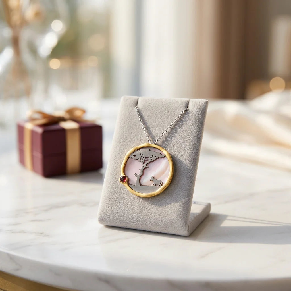PERFECT Latest 925 Sterling Silver Classic Round 18K Gold Plated Pink Mop Stone Pendant with Garnet RCS Certified Custom Designs