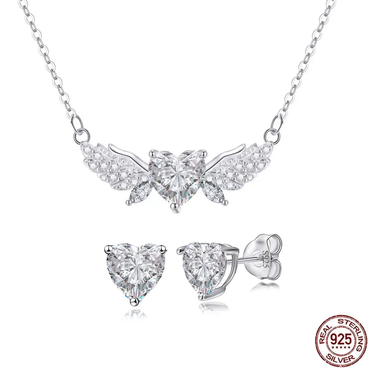 S&S 925 Silver Heart CZ Necklace & Earrings Set | Heart-Cut Zircon | Rhodium-Plated