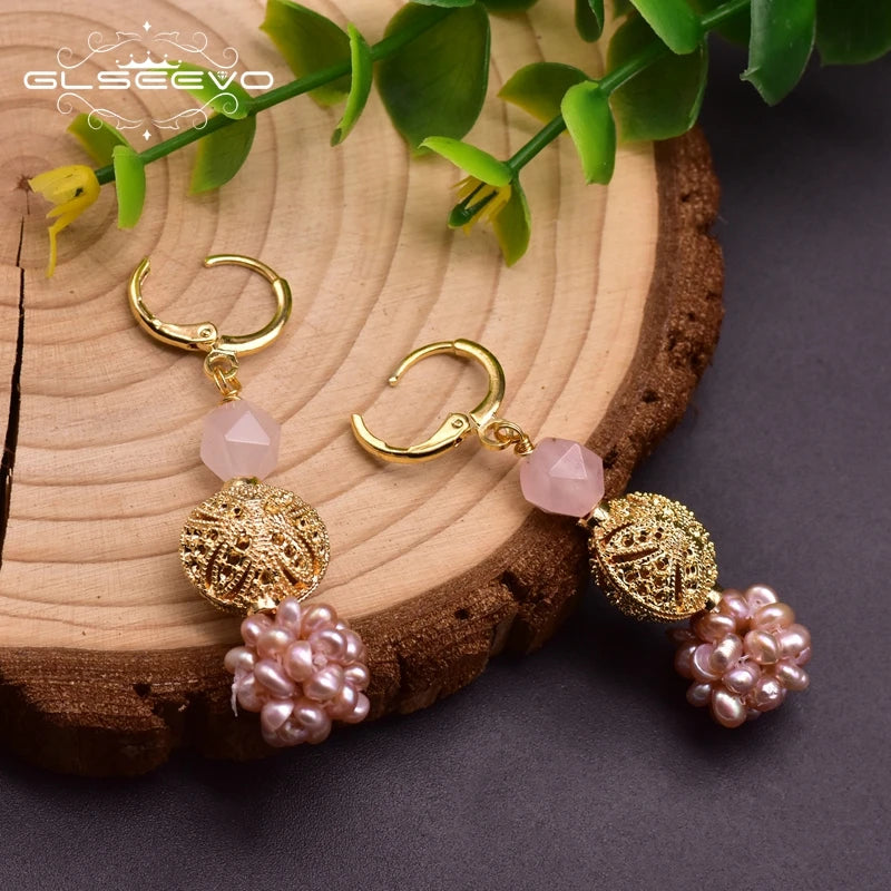 GLSEEVO Fresh Water Pink Baroque Pearl Dangle Flower Earrings for Women Girls Daughter Cute Jewellery for Birthday Party GE0961B