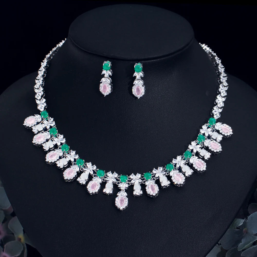 Women Fancy and Elegant Leaf Flower Shape Pink CZ Necklace Earrings Green Opal Cubic Zirconia Wedding Jewelry Set for Bridal