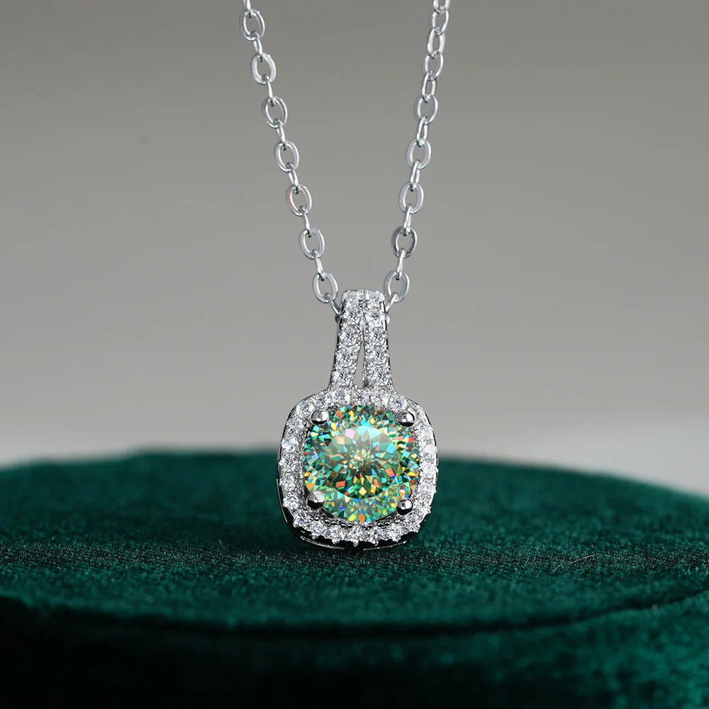 Fine Jewelry 925 Silver Square Bezel Set Round Cut 1CT 2CT VVS GRA Certified Colorful Moissanite Diamond Pendant Necklaces Women