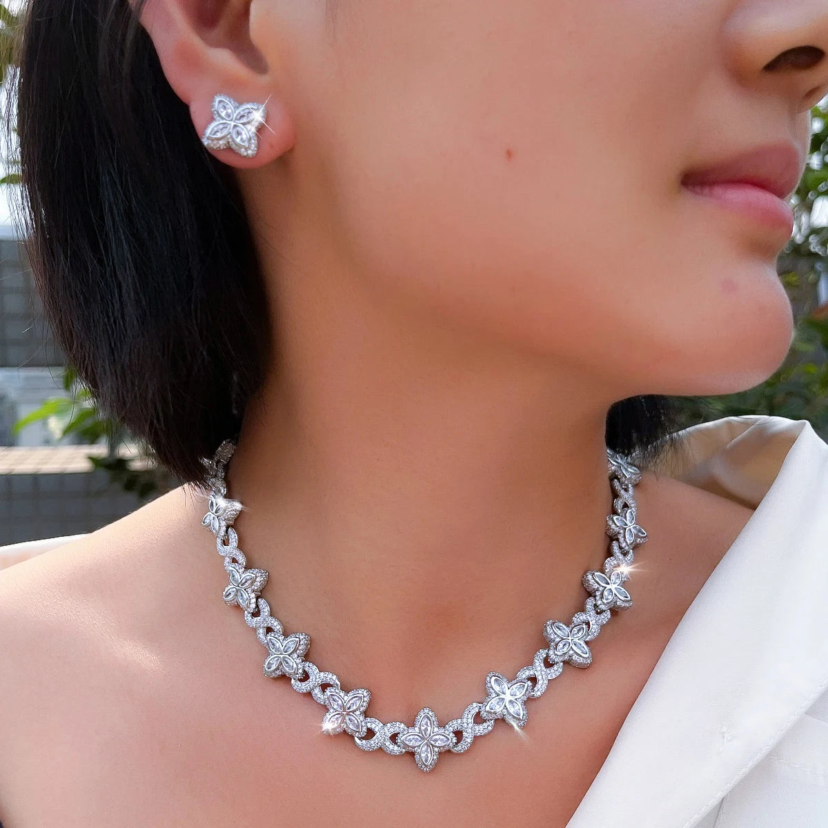 Hip Hop Jewelry Sapphire Blue 4 Leaf Clover Flower Necklace and Earrings Cubic Zircon Cuban Link Chain Jewelry Set for Women Man