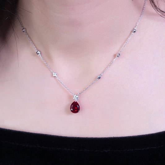 Messi Jewelry  MSN-547 18k White Gold Elegant Lab Grown Ruby Pendant Necklace Classic Pear Shape Pendant