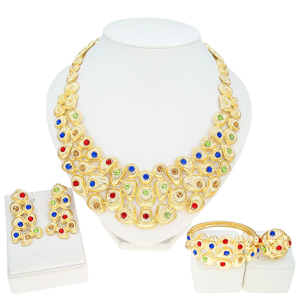 Zhuerrui Brazilian Style Two-tone Gold Pearl Jewelry Set White Crystal Inlaid Necklace Earring Bracelet Ring for Party I008020-2