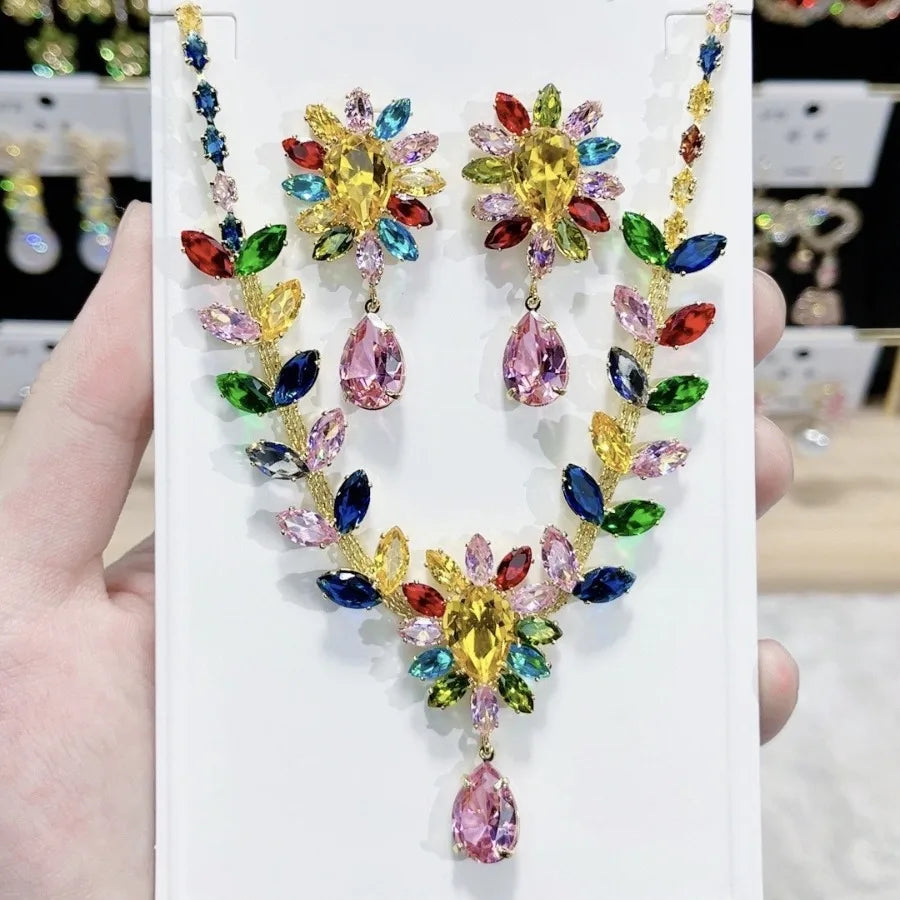 K029 High End Trendy Luxury Exquisite Multi Zircon Flower Necklace and Earrings Set Women Elegant Jewelry Set for Party