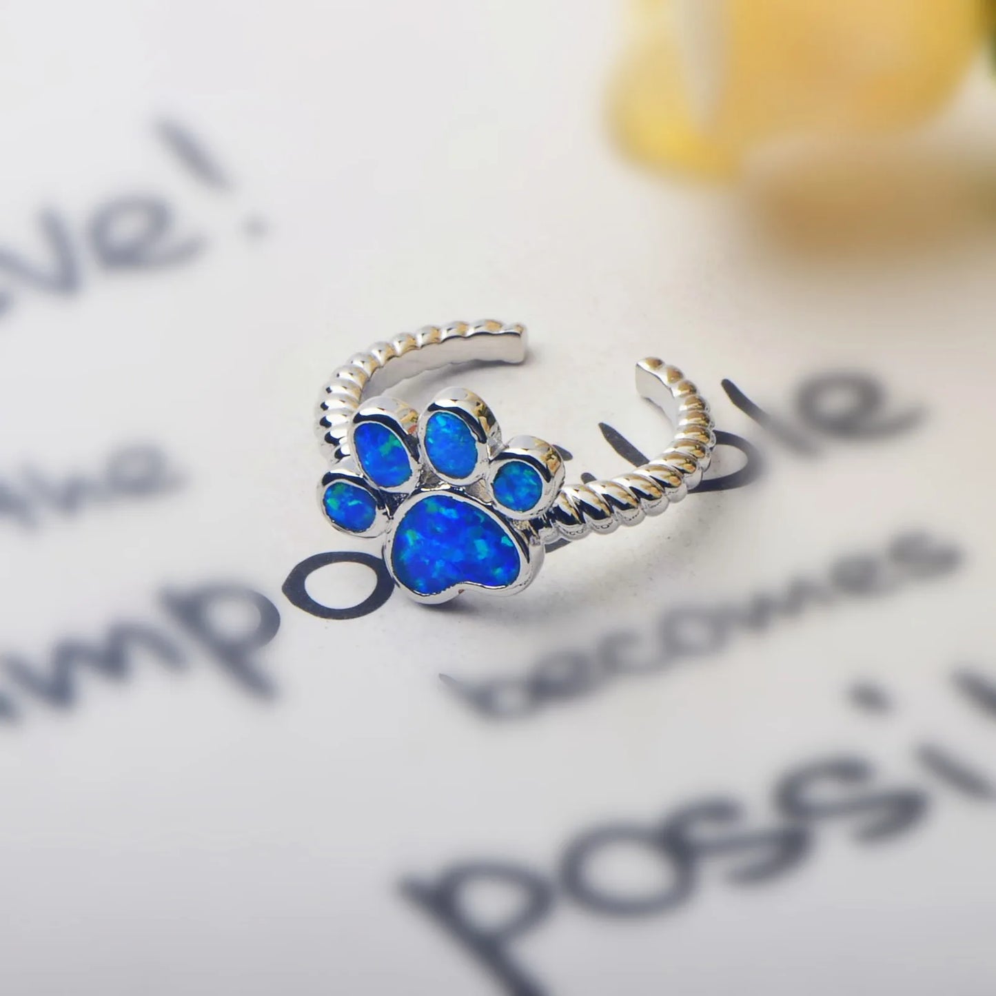 Cute Paw Print Blue Opal Open Ring | Iridescent Gem Inlay  Band | Adorable Pet-Themed Jewelry for Women Trendy Style