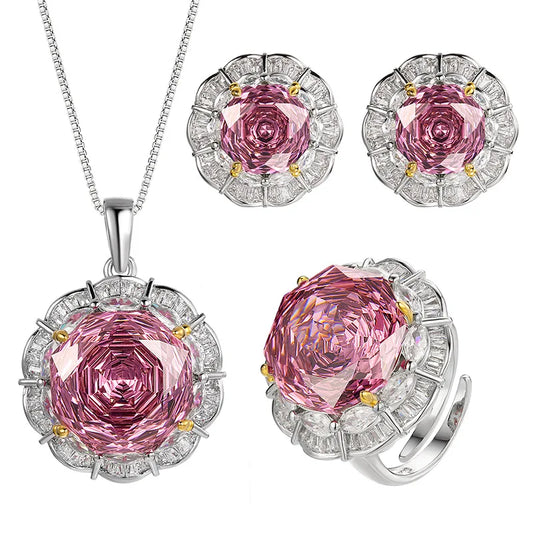 Gemfiori Luxury High Quality Jewelry Set Rose Pink Zircon 3-Piece Set Suitable for Wedding Parties