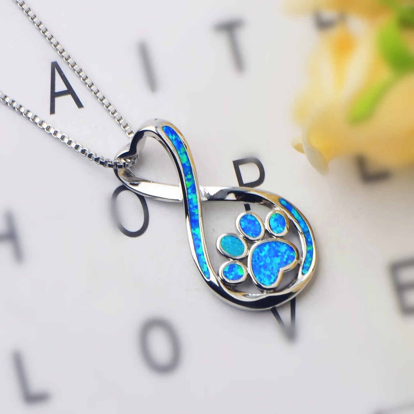 Eternal Pet Paw Opal Pendant Necklace-Blue Fire Opal Infinity Claw Print Design | Copper Silver Plated Pet Memorial Bulk Gift