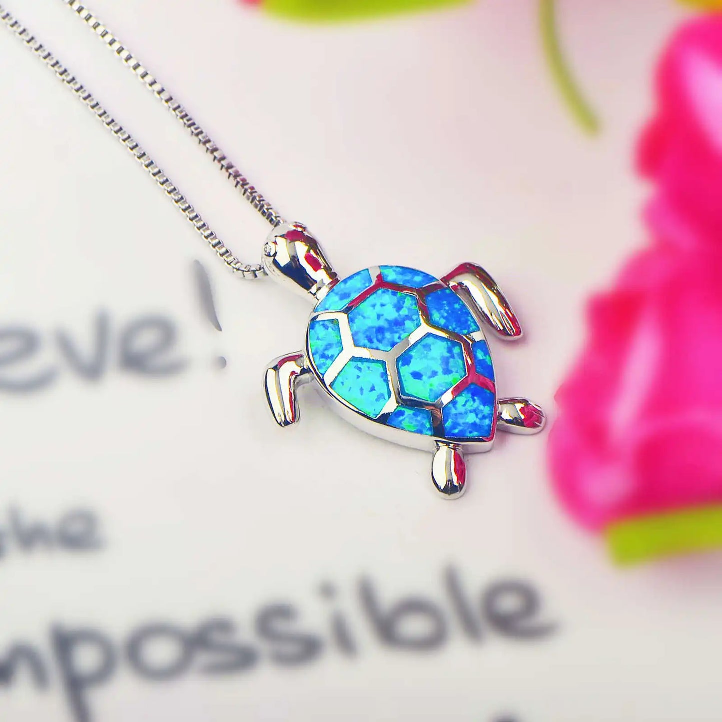 European American Style Christian Blue Opal Turtle Pendant Lariat Necklace Copper Silver Plated Animal Box Chain Minimalist