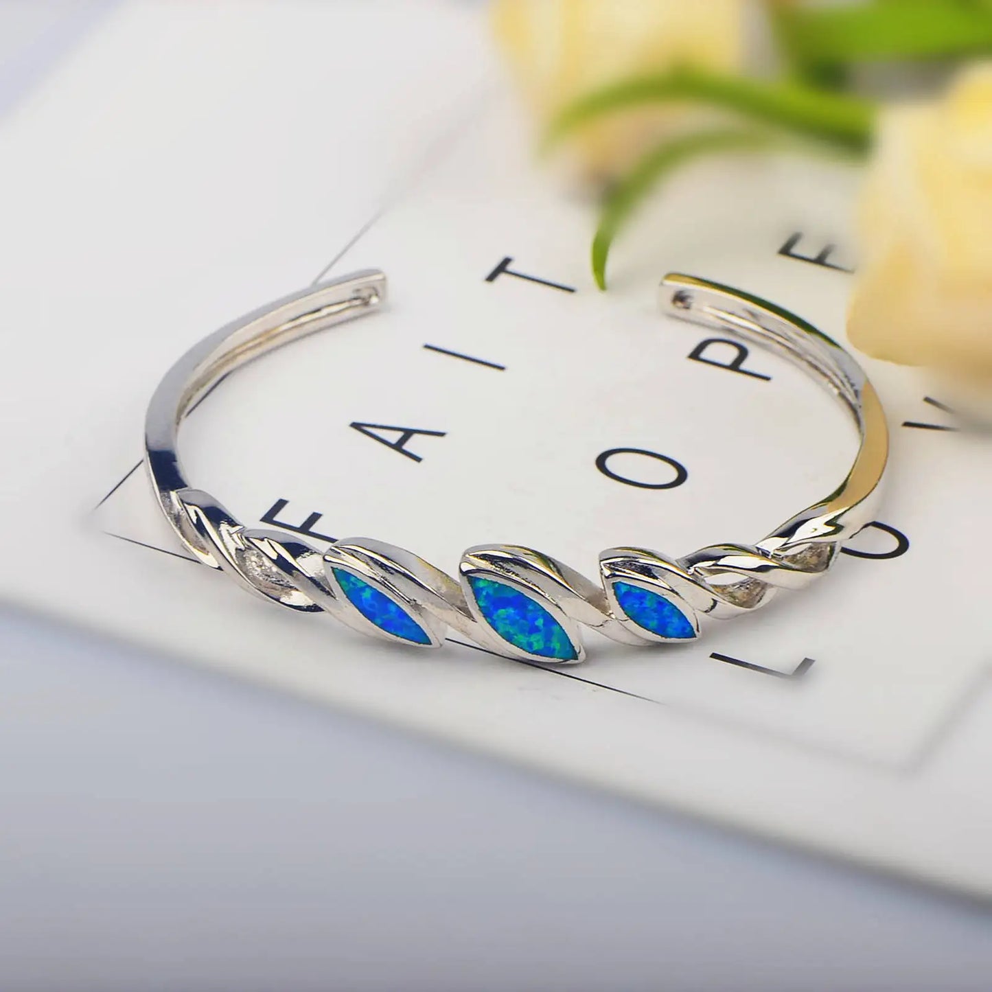 Coastal Retro Opal Cuff - Braided Design Blue Sparkle Open Bracelet