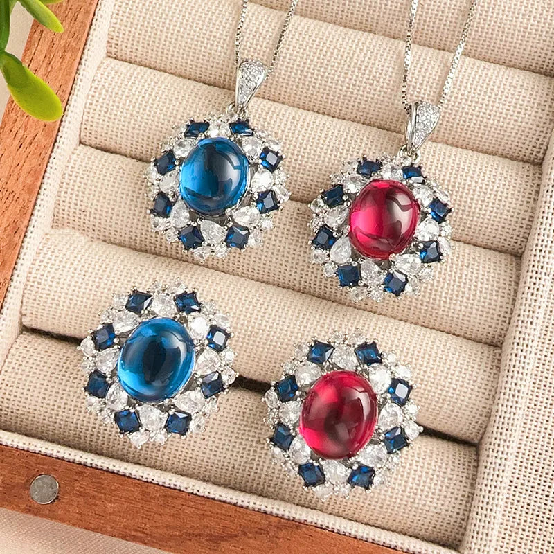 Eco-friendly Copper Vintage Jewelry Set Pigeon Blood Red Cubic Zirconia Iced Out Oval Cut Earrings Necklace for Women Party Gift