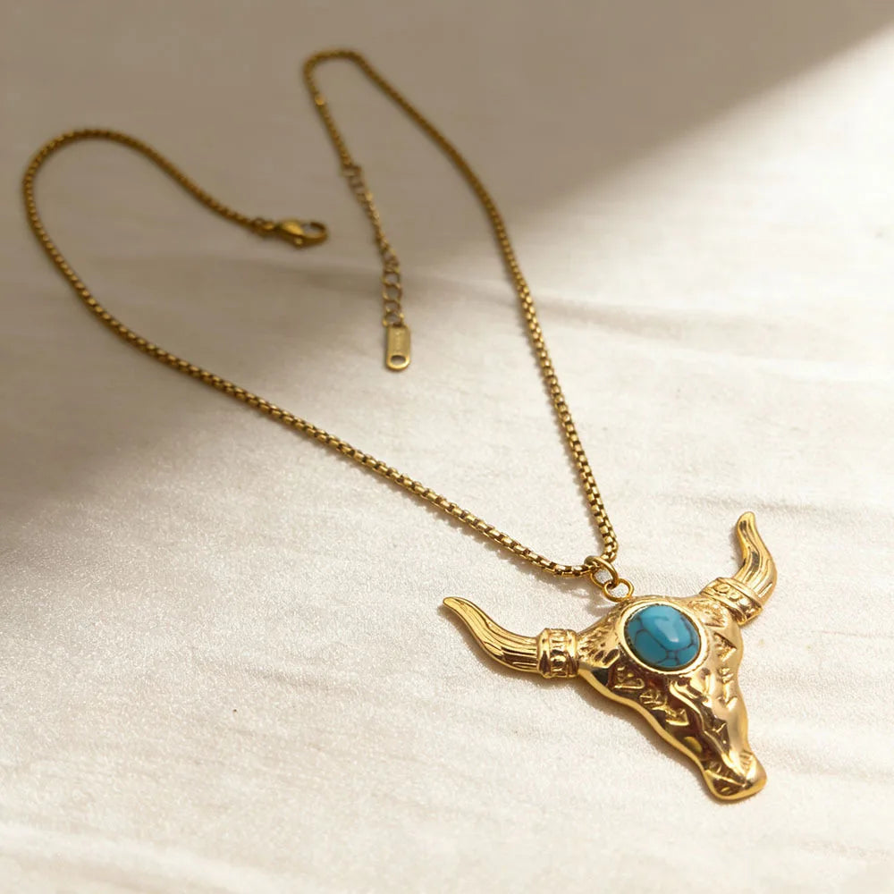 Vintage Retro Trendy Cow Head Stainless Steel Bamboo Chain Necklace Unisex Cowboy Turquoise Pendant Luxury Zodiac Party