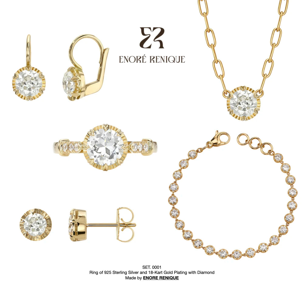Old Money Moissanite Jewelry Set Gold Vermeil 925 Sterling Silver Vintage Scalloped Bezel Necklace Ring Earring Party Gift