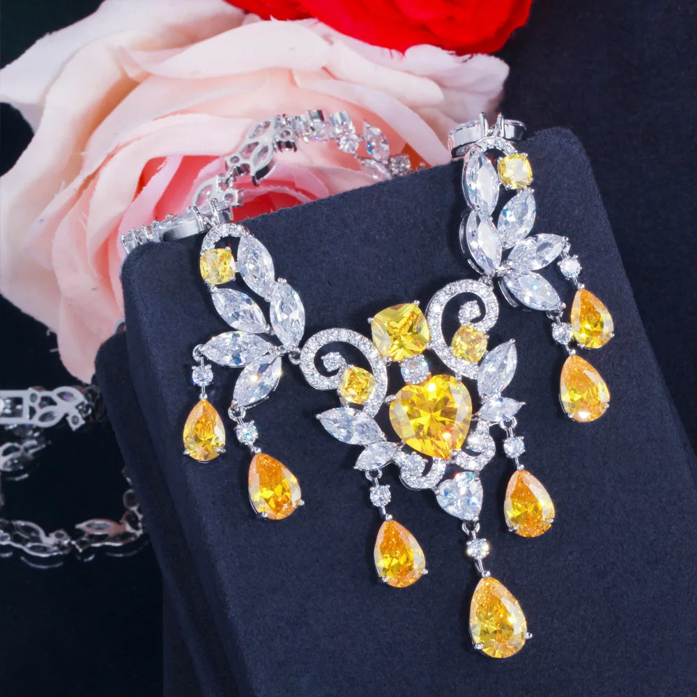 High Quality Cubic Zirconia Nigeria Tassel Necklace and Earrings Luxury Wedding Brides Yellow Jewelry Sets for Women Party