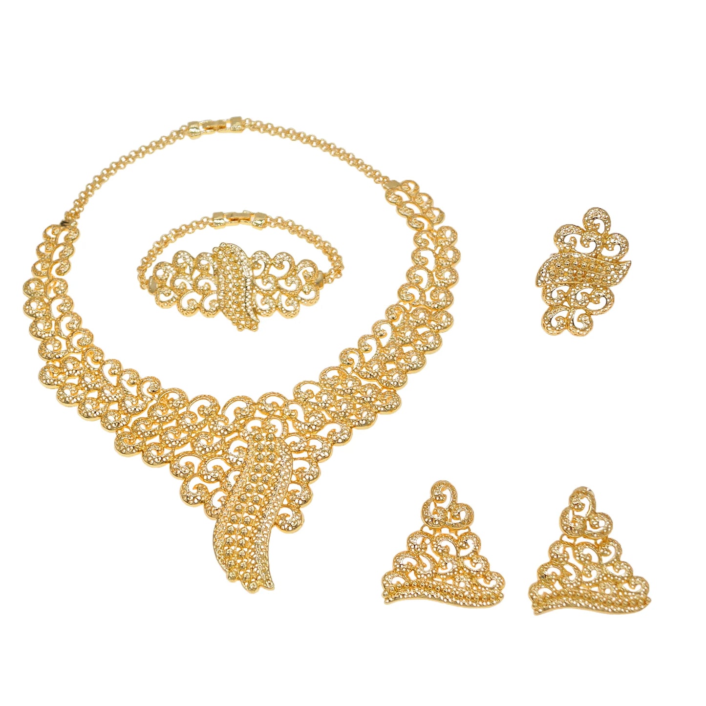 Zhuerrui Luxury Brazilian Jewelry Set Gold Plated Hollow Pattern Noble and Elegant Dubai Proposal Four-piece Wedding Ring Set