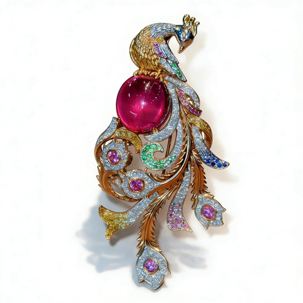 Gemfiori Luxurious Jewelry Multi-functional 18K Solid Gold Natural Tourmaline Phoenix Brooch Colored Gemstone Women's Wedding Gift Party