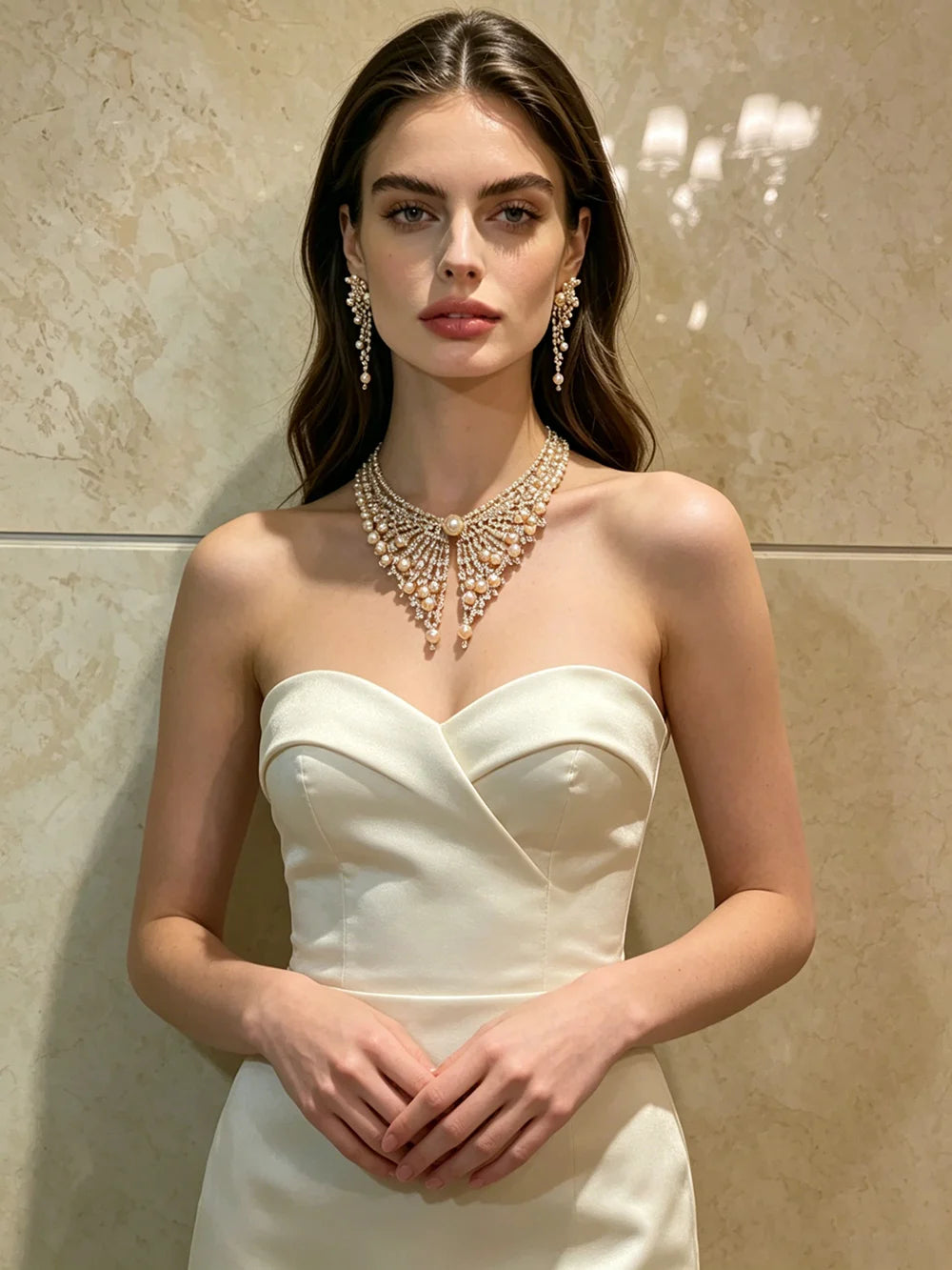 XM S424 Gold Plated Hollow Mesh Champagne Pearl & Full Paved CZ Bib Choker Necklace & Long Tassel Drop Earrings Set