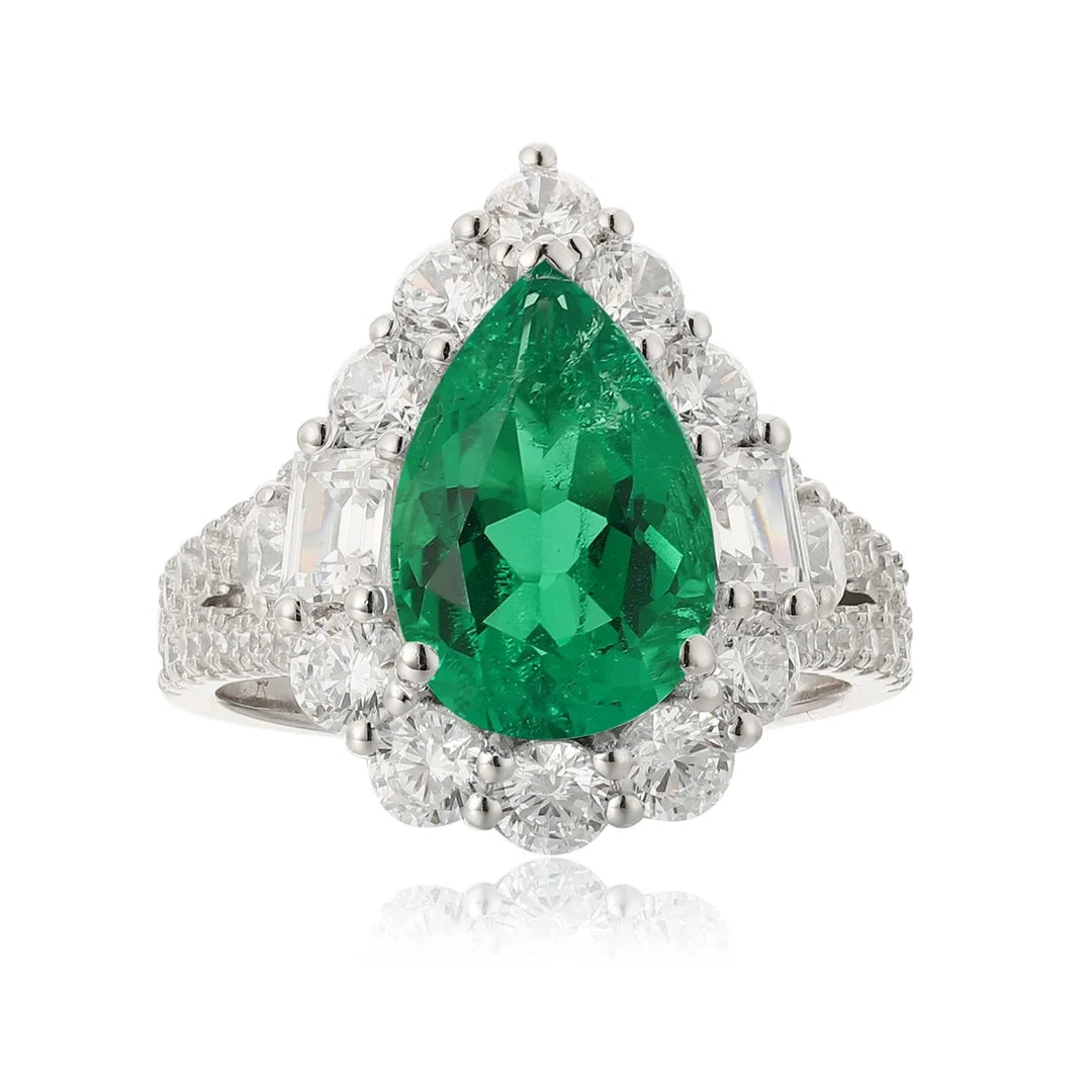 Gemfiori Custom Vintage Lab Grown Emerald Sterling Silver 925 Engagement Ring Rhodium Plated Pear Cut Prong Setting Wedding Ring
